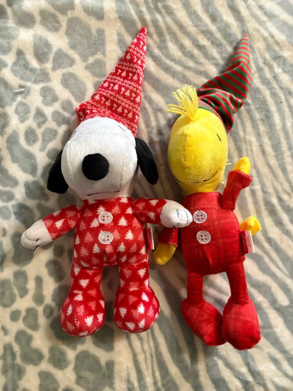 Peanuts Snoopy and Woodstock Plush in Red Pajamas and Nightcap Dog Toys
